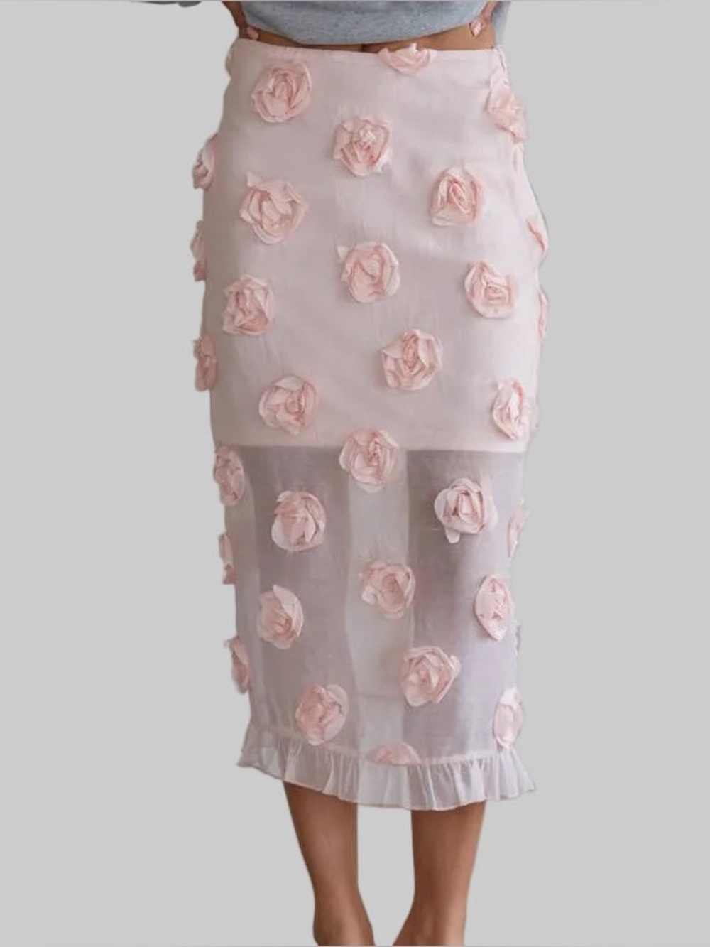 By Together Pale Pink 3D Floral Sheer Midi Skirt